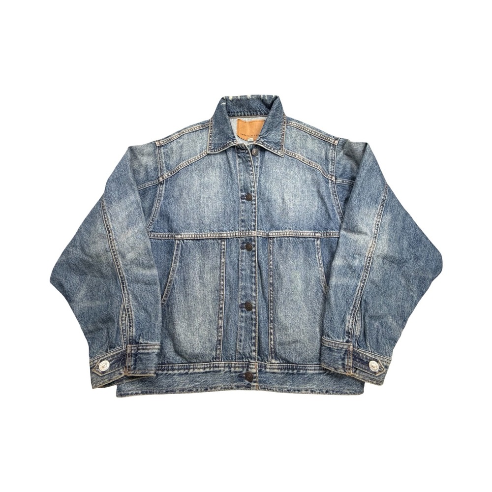 American Eagle Denim Jacket Womens L Blue Light Wash Bomber Style Oversized